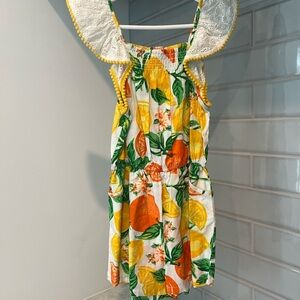 Masala Baby White Lemon & Orange Print Sundress with Green Leaves